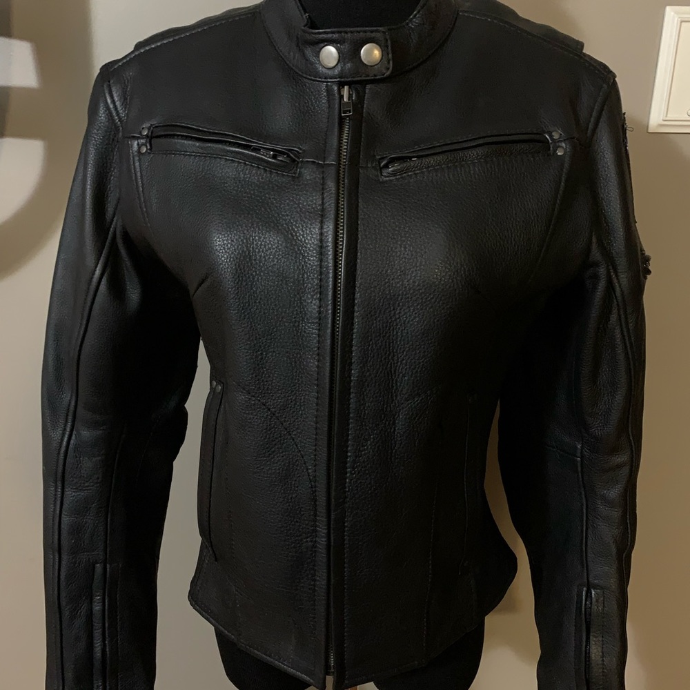 Women’s (S) Black leather Moto jacket, purchased from Harley Davidson.